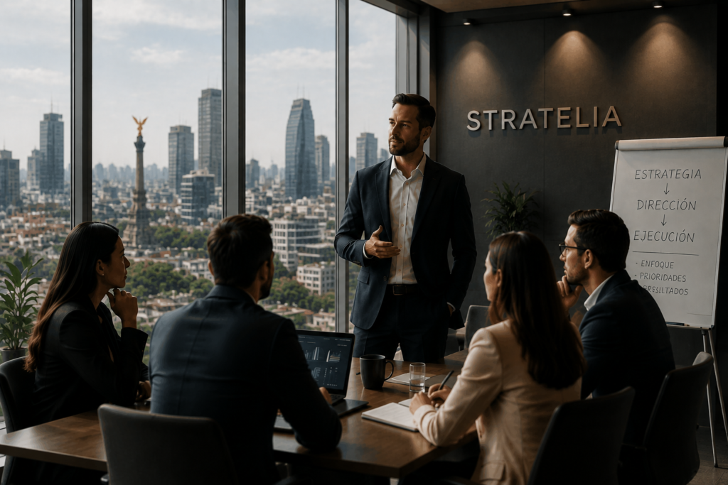 Sesión ejecutiva de liderazgo y estrategia empresarial en Stratelia One