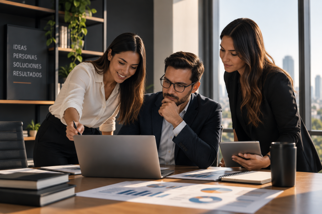 Equipo profesional analizando estrategias y resultados en una reunión de trabajo.